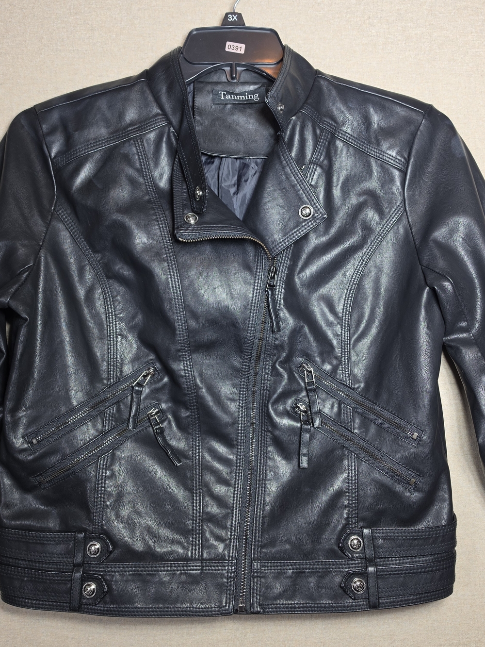 Tanming Black Faux Leather Moto Jacket Womens L